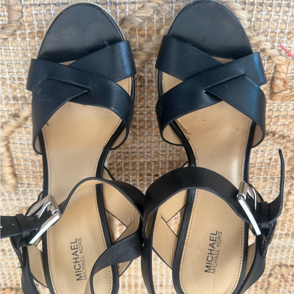 MICHAEL Michael Kors Black Leather Crisscross Ankle Strap Sandals